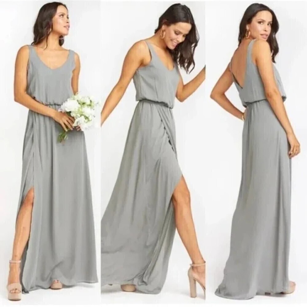 NWT SHOW ME YOUR MUMU Kendall Maxi Dress Gray Slit Low Back Bridesmaid Small